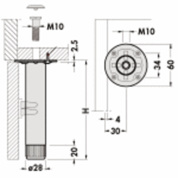 PIEDS MEUBLE METAL AVEC PLATINE H100/115 le lot de 4